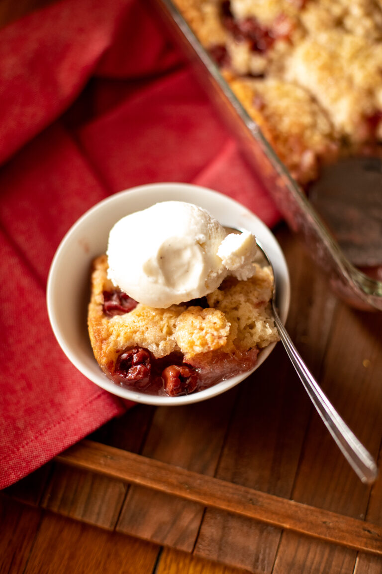 bowl of sour cherry pudding cake