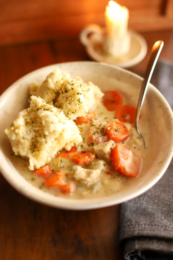 a bowl of chicken soup with dumplings