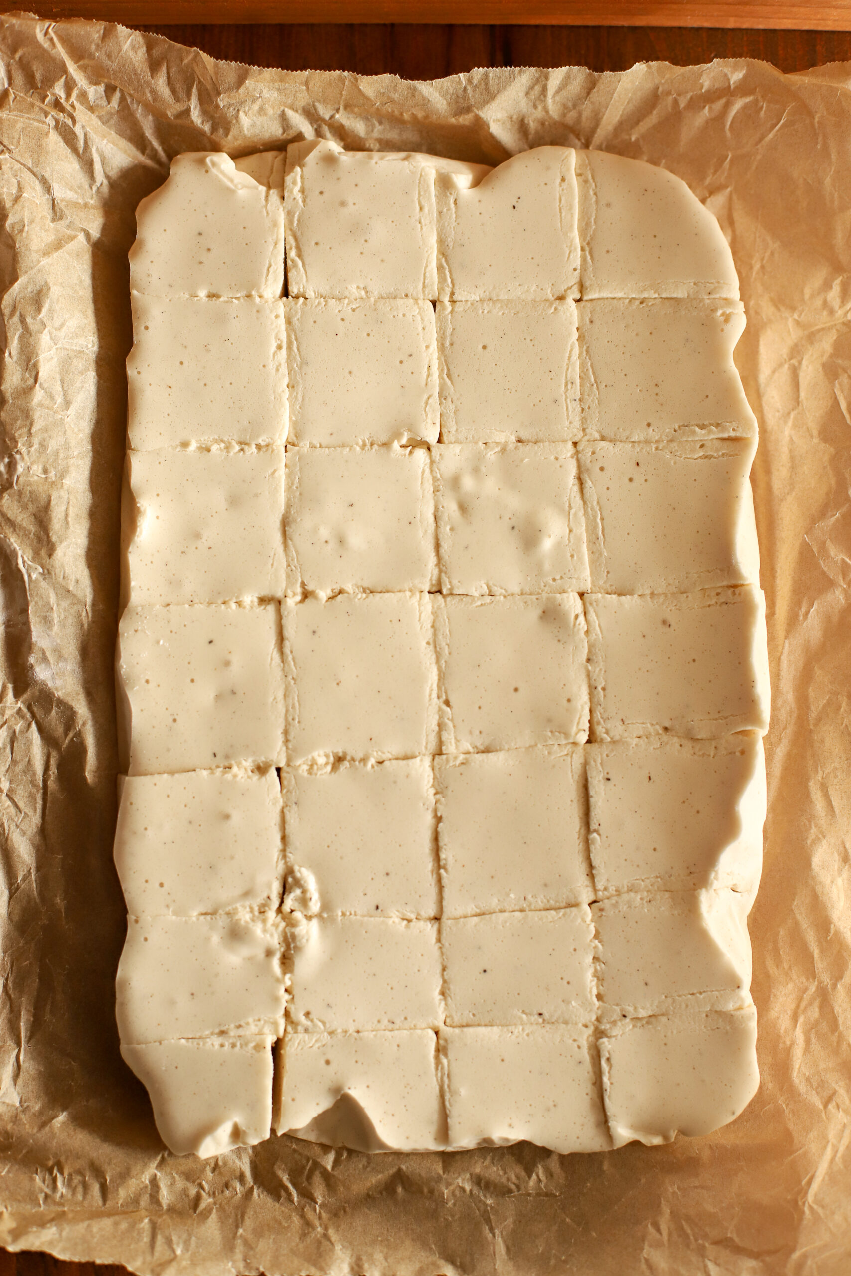 pan of cut up homemade marshmallows