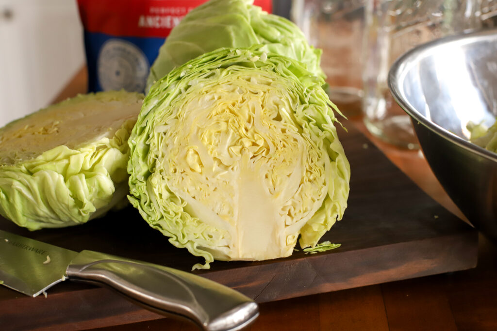 up close shot of cabbage cut in half