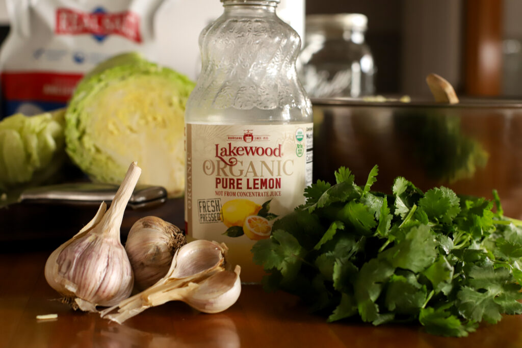 up close shot of lemon juice, garlic, and cilantro