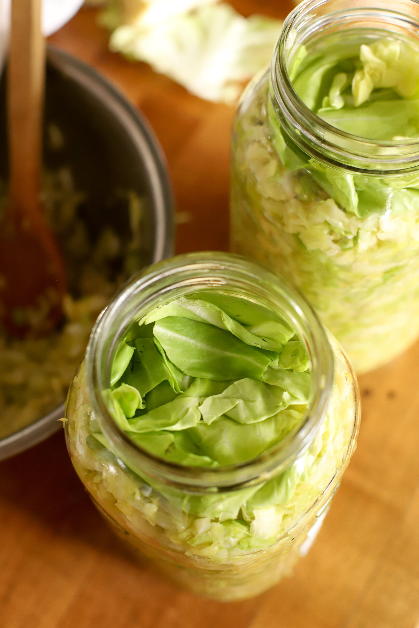 close up shot of cabbage leaf covering homemade sauerkraut