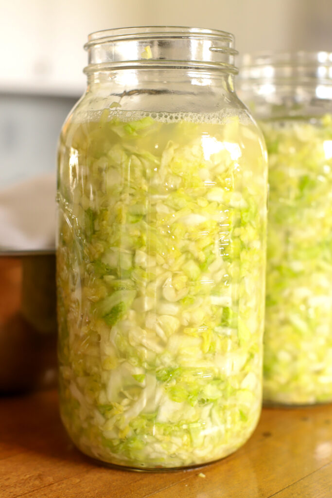 filled half gallon jar of homemade sauerkraut