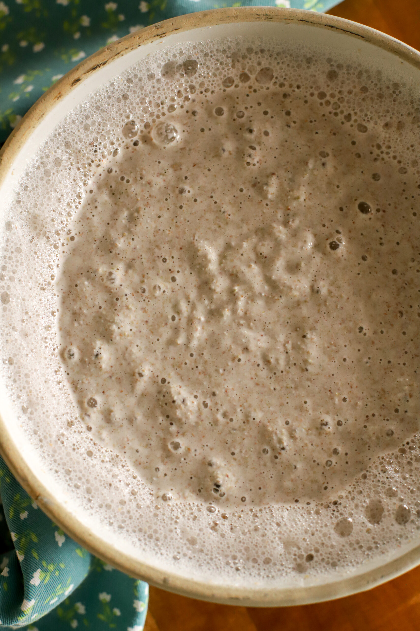 bowl of blended buckwheat groats ready to be fermented
