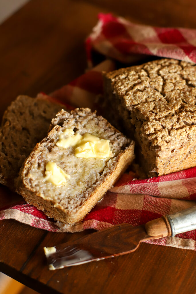 image of buttered slice of buckwheat bread