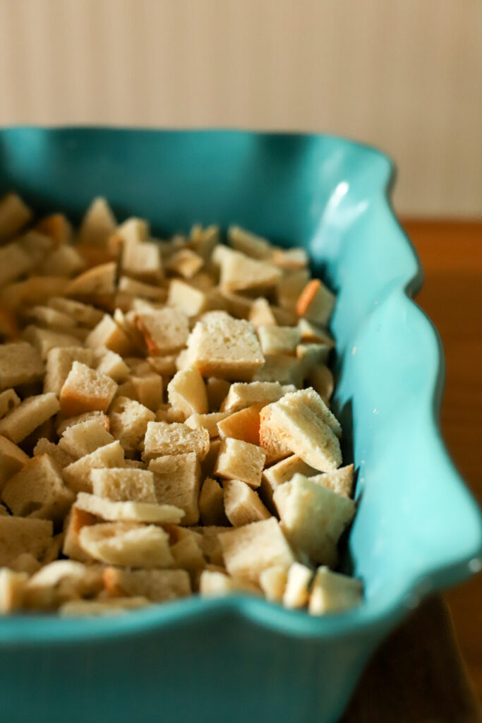 cubed bread ready to make breakfast french toast bake