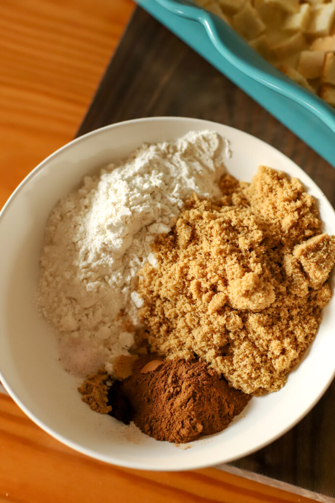 up close shot of sugar, cinnamon, flour topping mixture