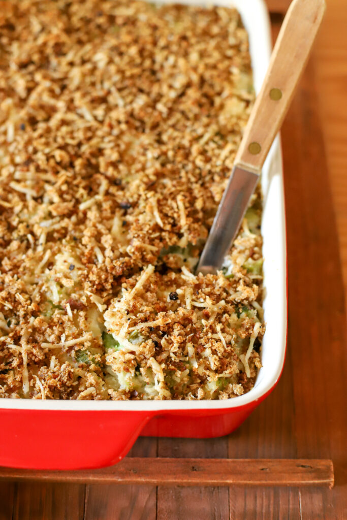 up close shot of pan of broccoli rice casserole