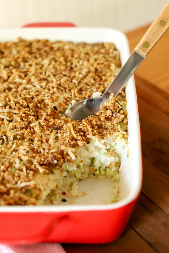 up close shot of scooped out rice casserole