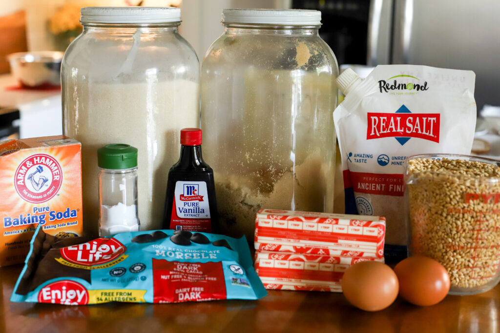 ingredients for the best freshly milled chocolate chip cookies