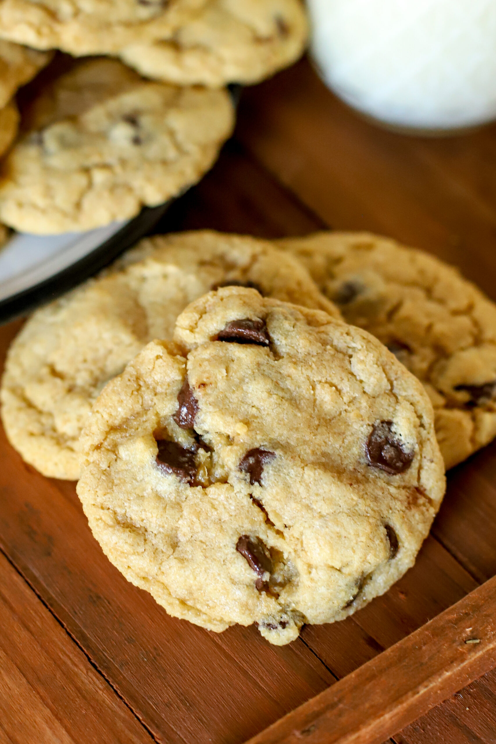 up close shot of the best freshly milled chocolate chip cookies