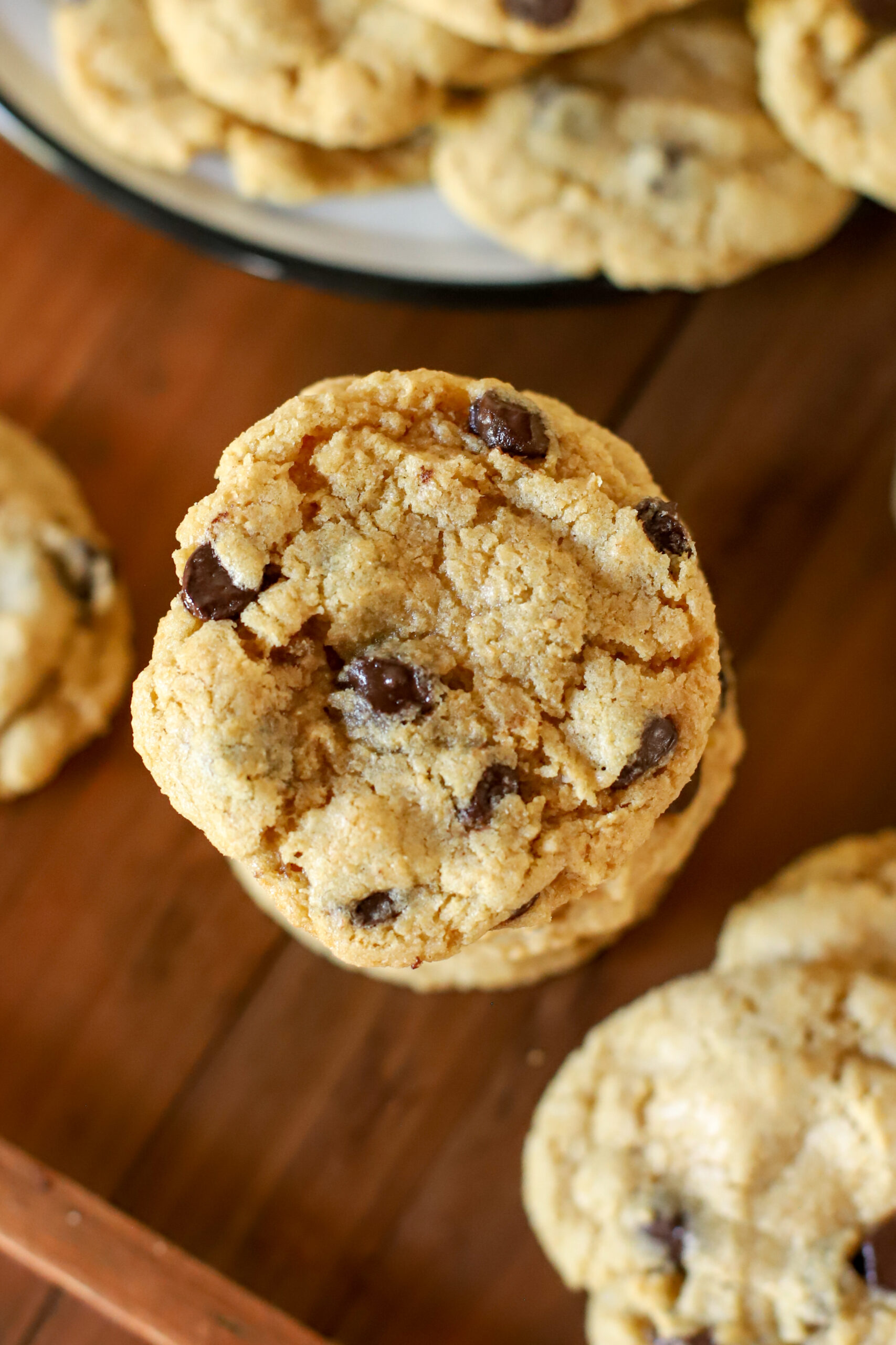 up close shot of freshly milled chocolate chip cookie