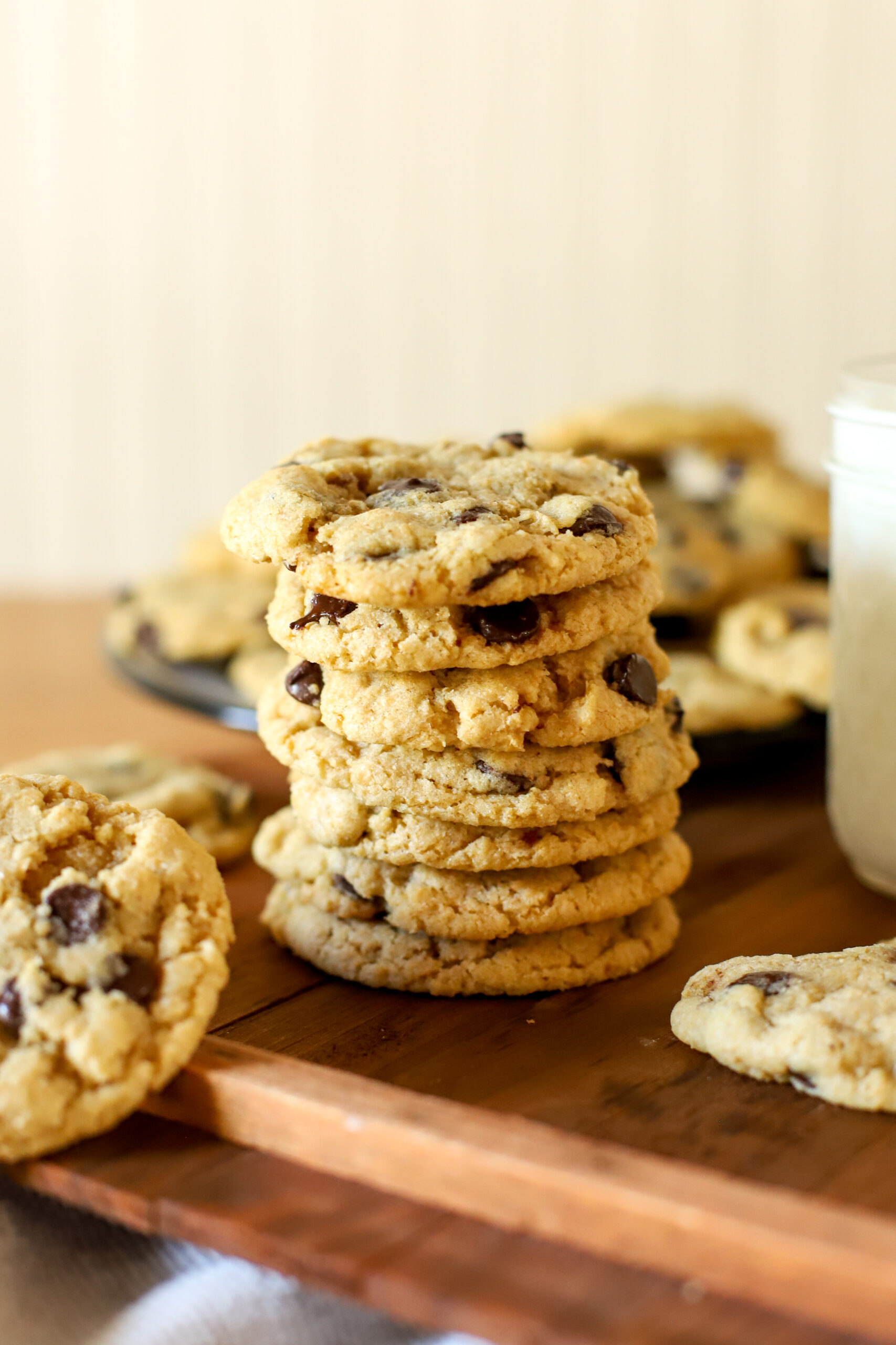 stack of freshly milled chocolate chip cookies