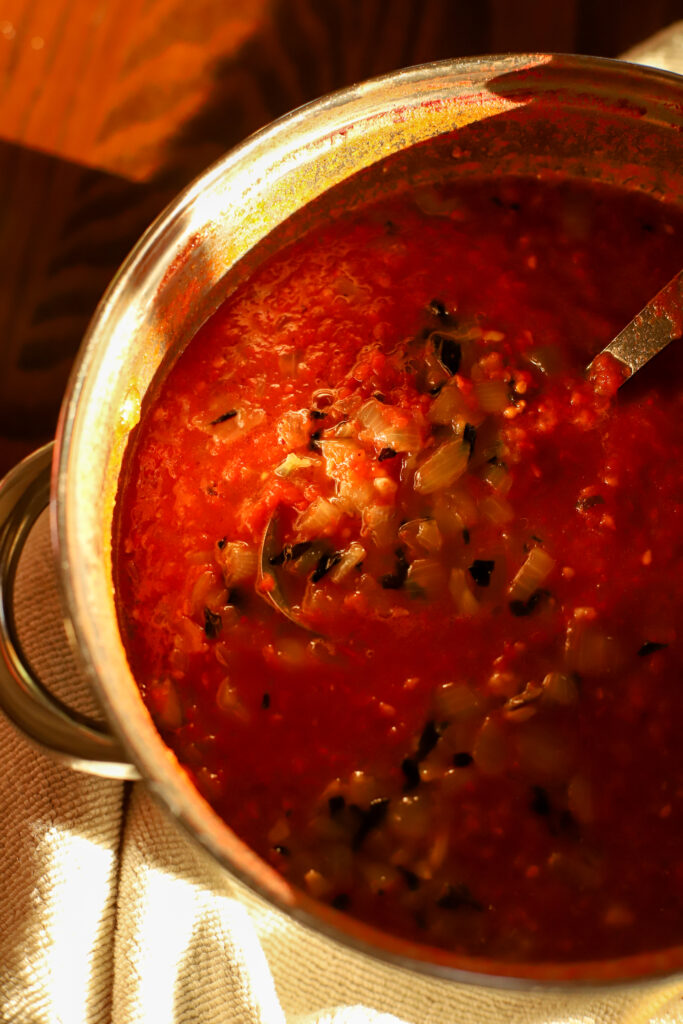 up close shot of pan of soup