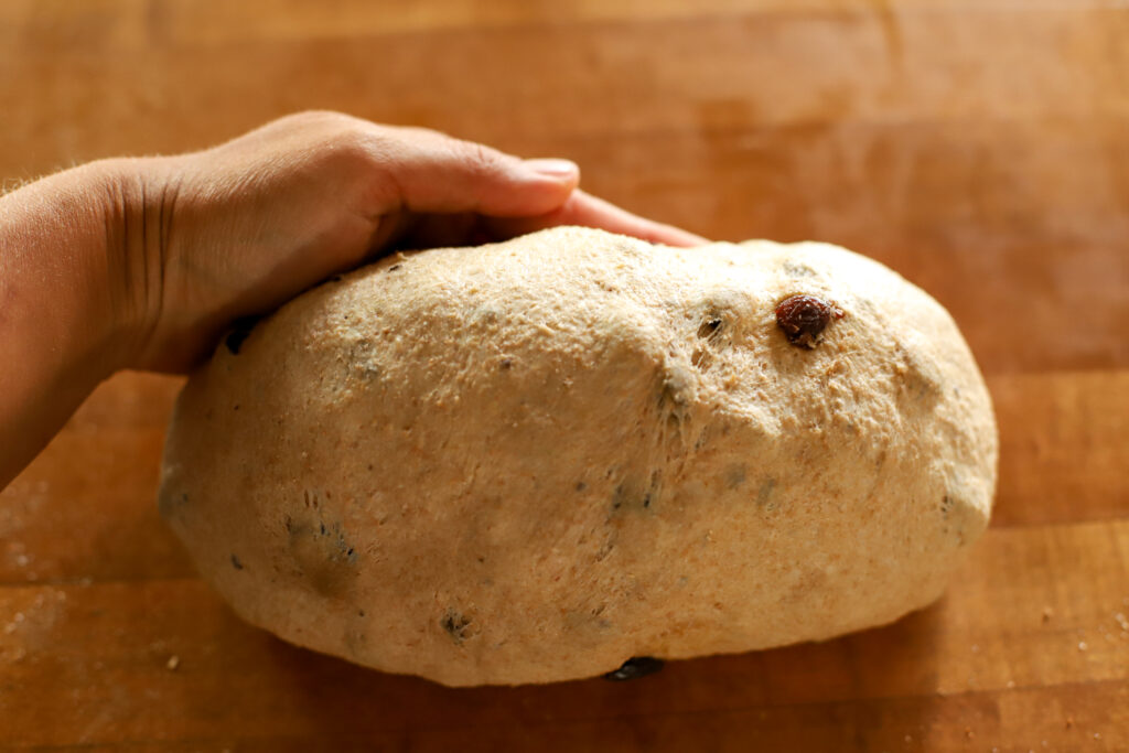perfect loaf of sourdough cinnamon raisin loaf