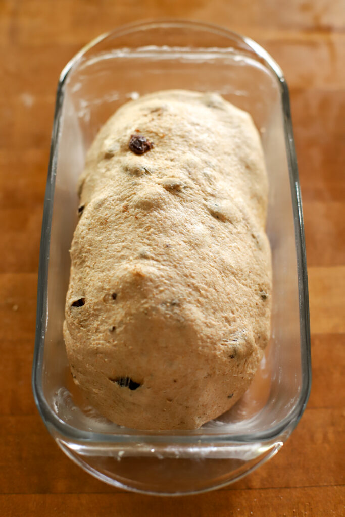 sourdough cinnamon raisin bread in loaf pan