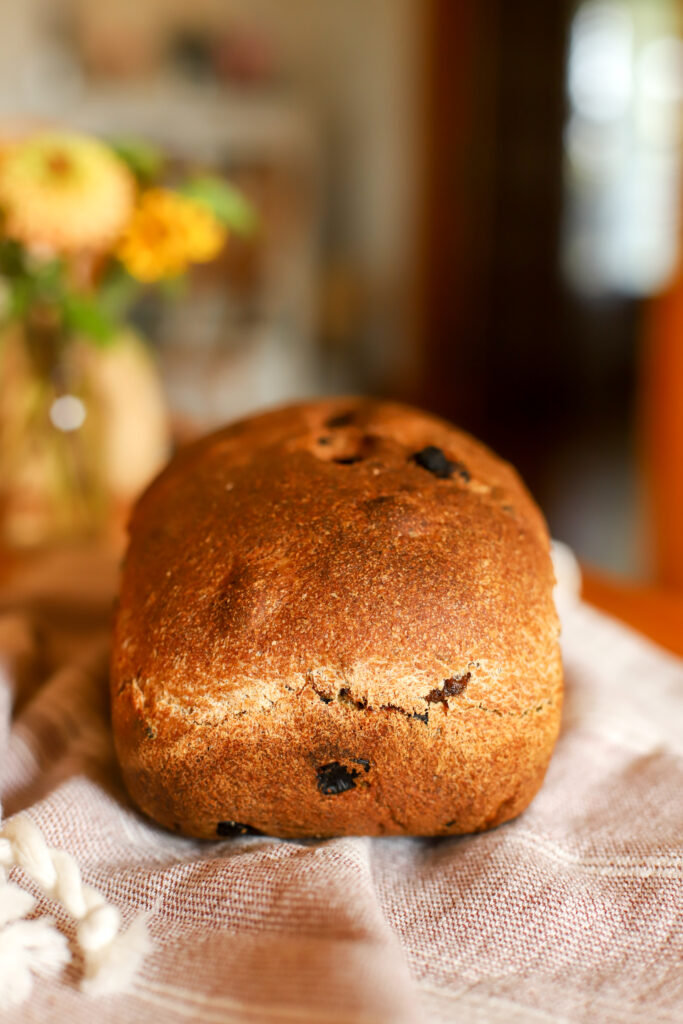 close up shot of loaf of cinnamon raisin bread