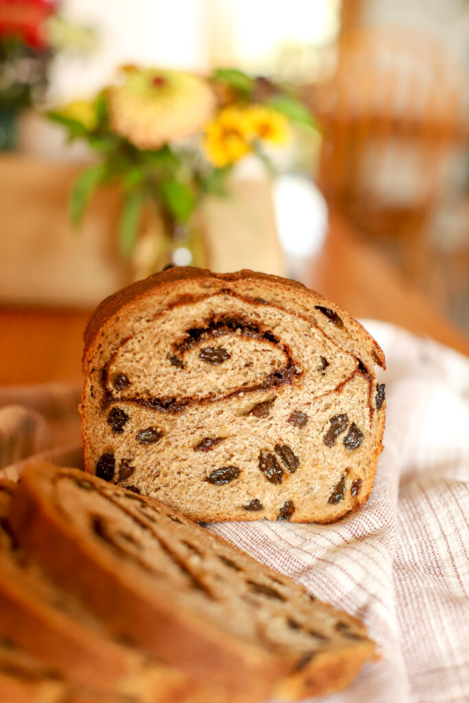 up close shot of inside of sourdough cinnamon raisin bread