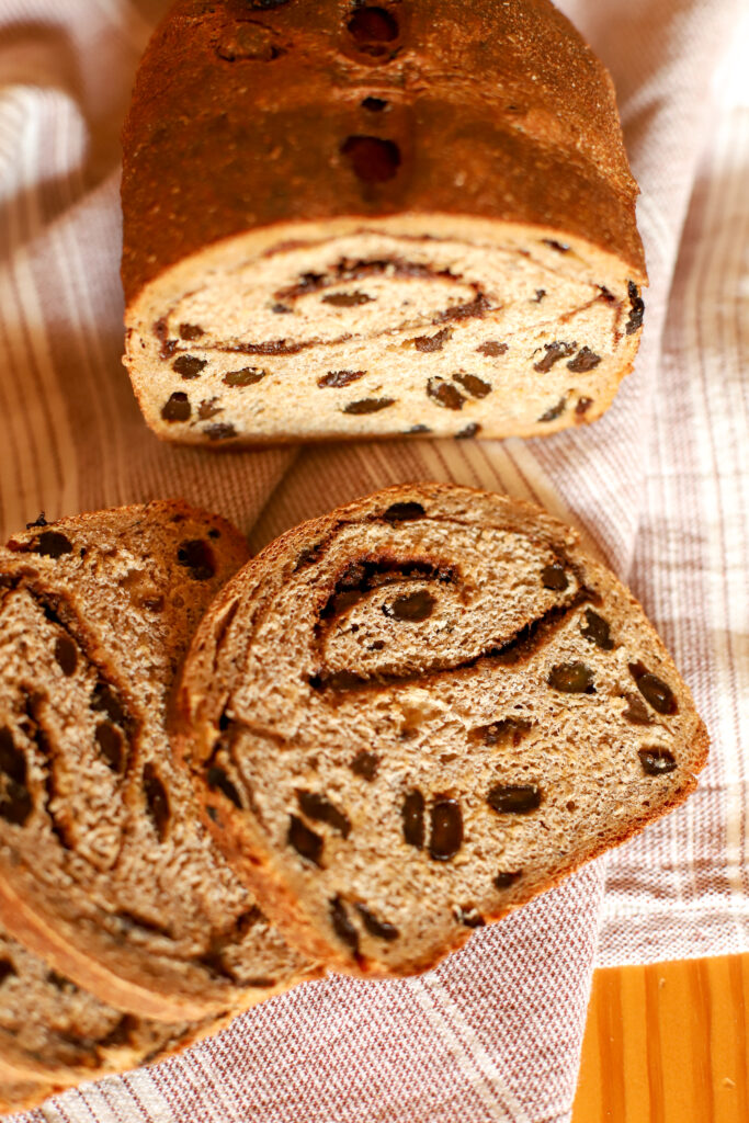 up close shot of freshly milled cinnamon raisin sourdough bread