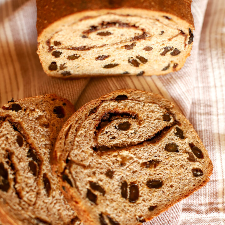 up close shot of freshly milled cinnamon raisin sourdough bread