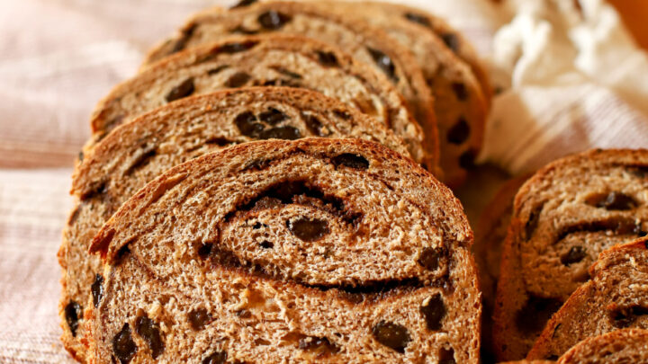 close up shot of sourdough cinnamon raisin bread