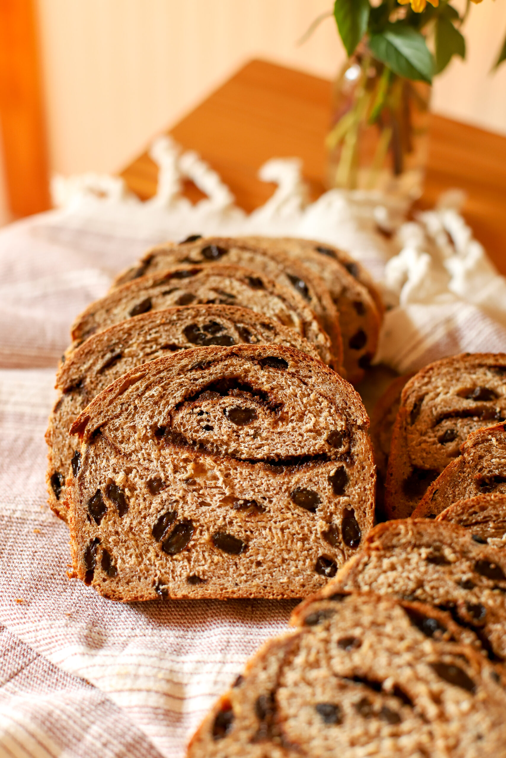 close up shot of sourdough cinnamon raisin bread