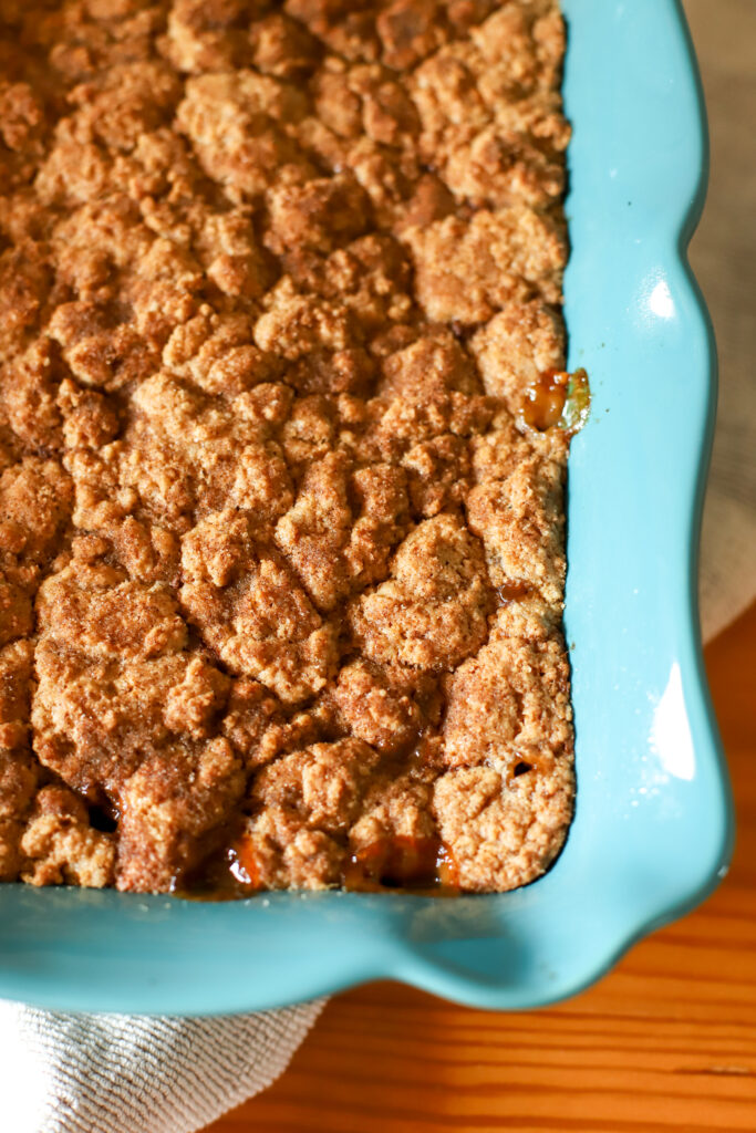 up close shot of peach cobbler