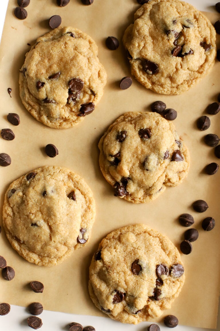 an up close shot of a tray of fresh milled flour chocolate chip cookies