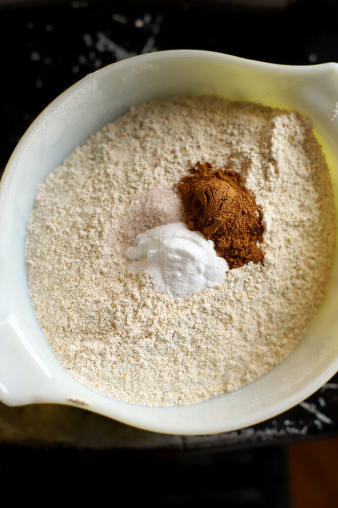 dry ingredients for freshly milled pumpkin chocolate chip muffins