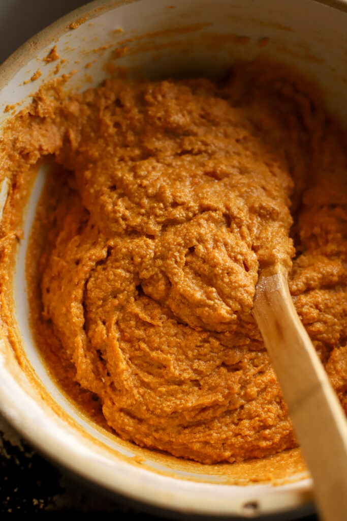 up close shot of bowl of pumpkin muffin batter