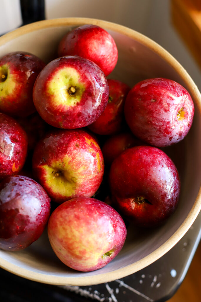 up close shot of stone bowl full of fresh apples