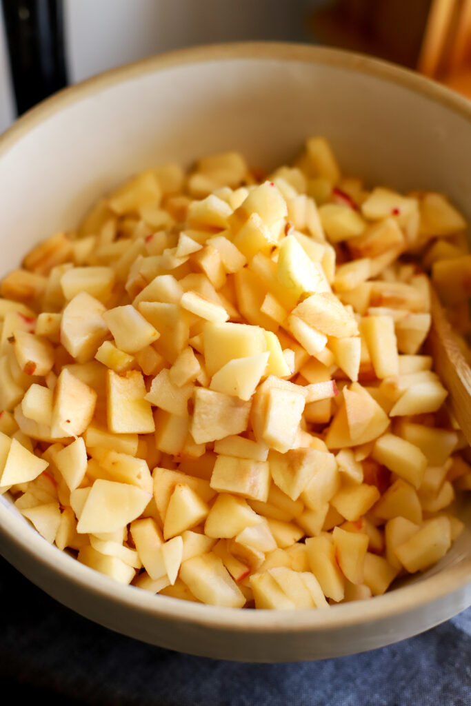 up close shot of peeled and diced apples