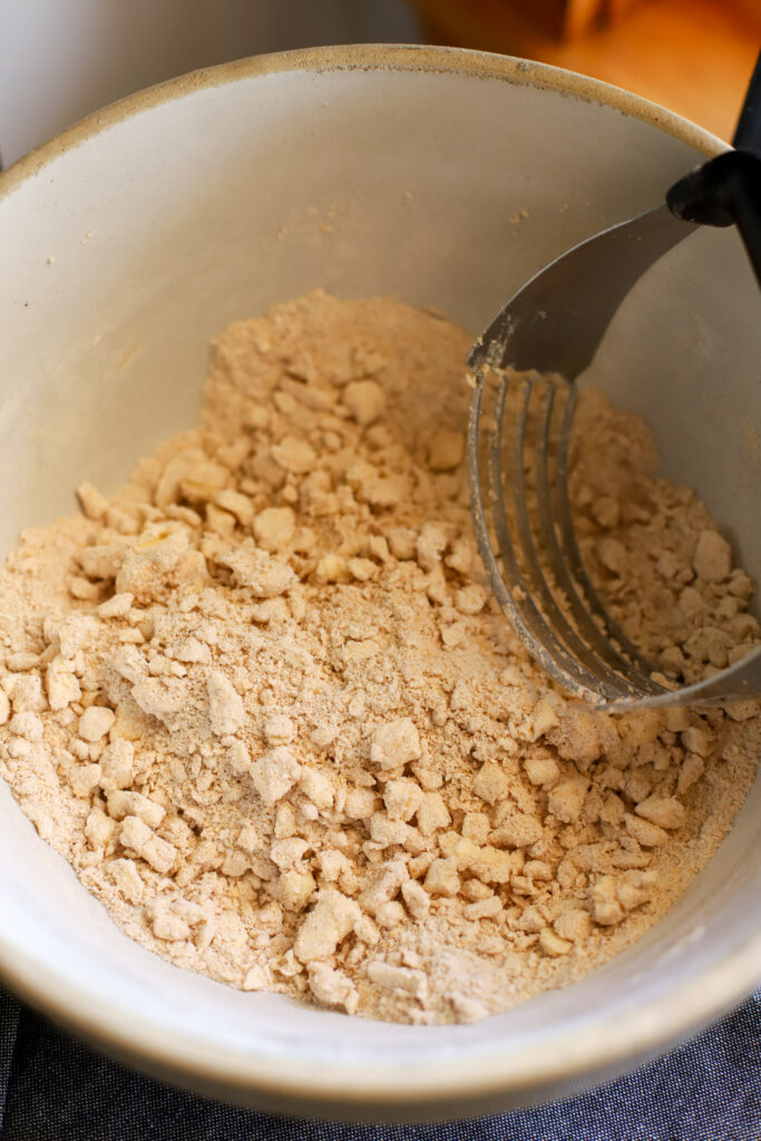 up close shot of streusel topping mixture in a bowl