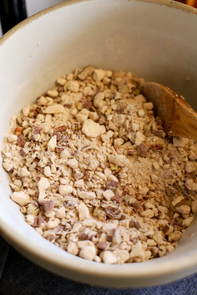 up close shot of streusel topping mixture in a bowl