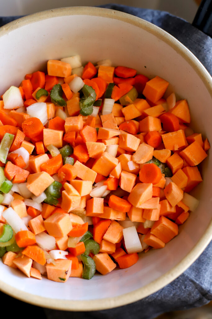 cut up sweet potatoes and veggies