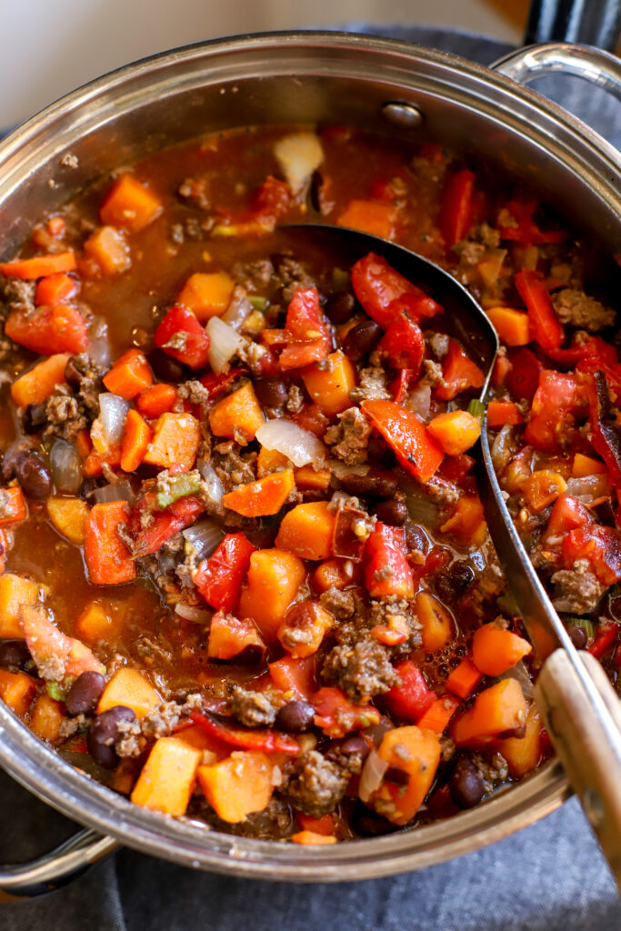 up close shot of ingredients in harvest chili in a pan