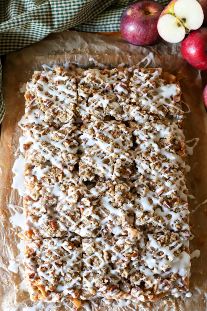 up close shot of sliced freshly milled apple pie bars