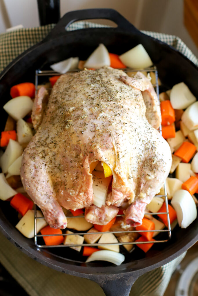 seasoned whole chicken ready to roast in the oven