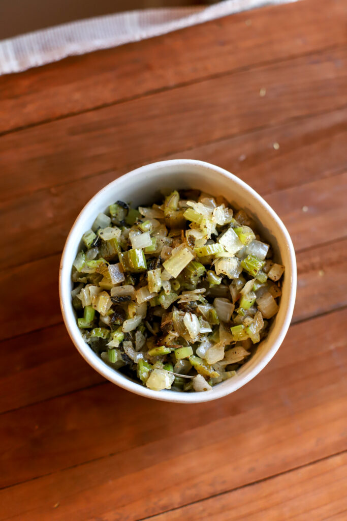 up close shot of cooked celery and onions