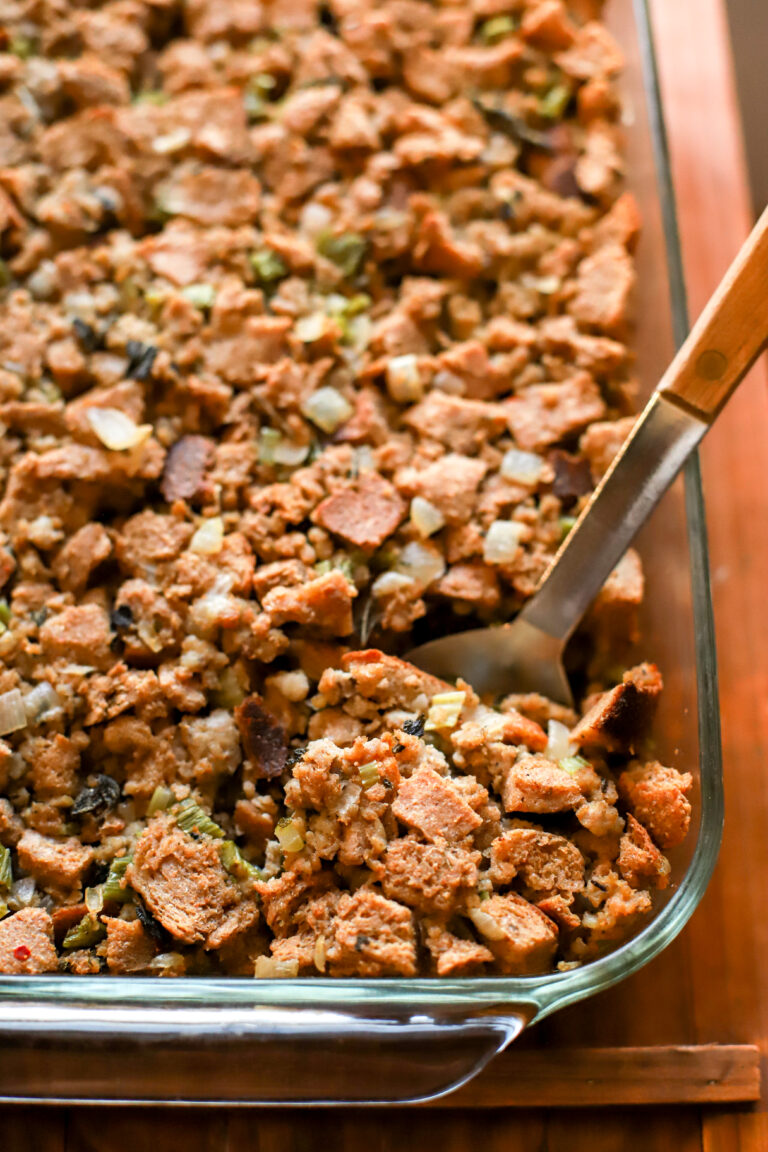up close shot of pan of fresh milled sausage stuffing
