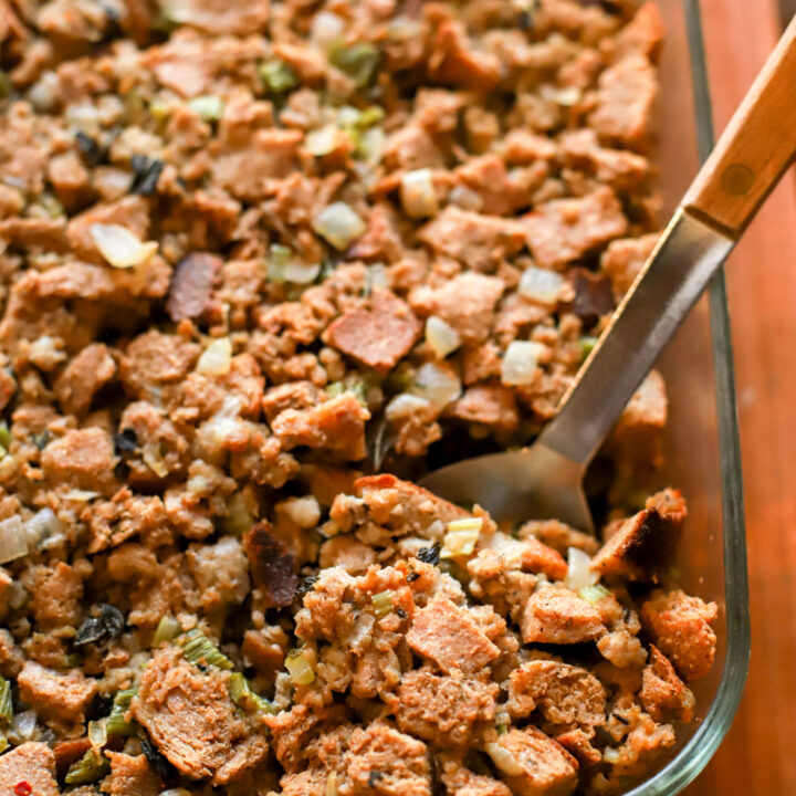 up close shot of pan of fresh milled sausage stuffing