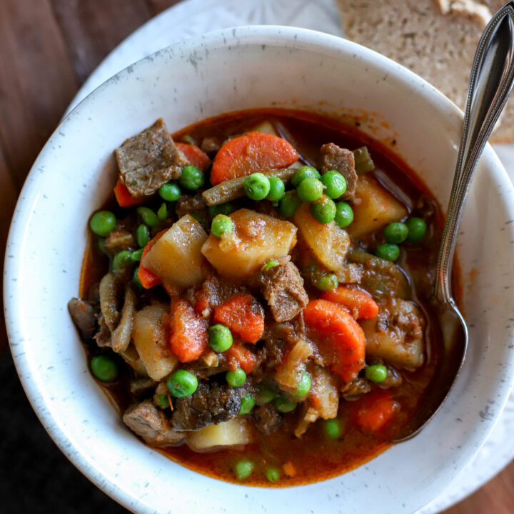 up close shot of bowl of crockpot vegetable beef soup