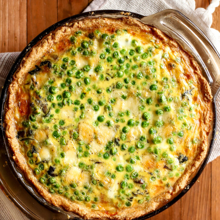 up close shot of vegetable quiche with fresh milled pie crust