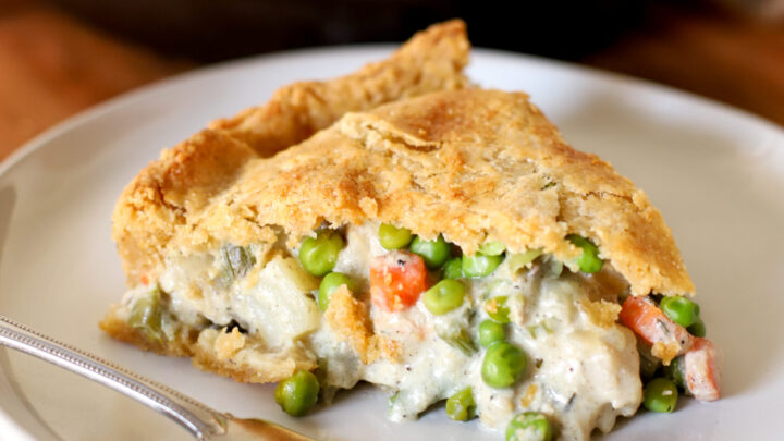 up close shot of slice of chicken pot pie with fresh milled flour crust