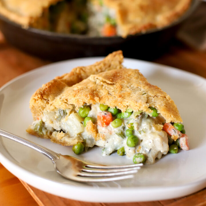 up close shot of slice of chicken pot pie with fresh milled flour crust