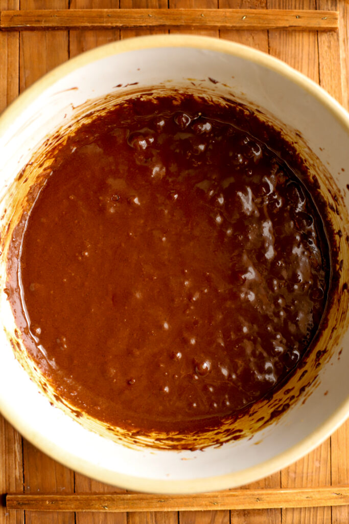 up close shot of brownie batter in a bowl