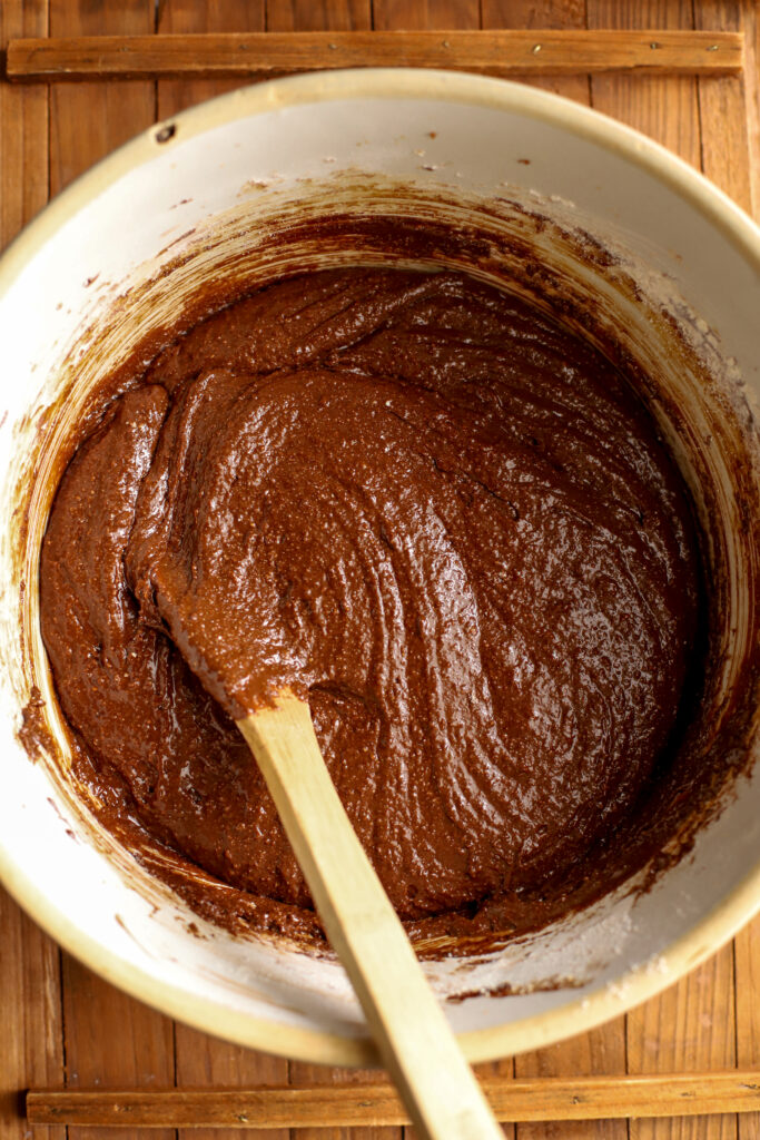 up close shot of brownie batter in a bowl
