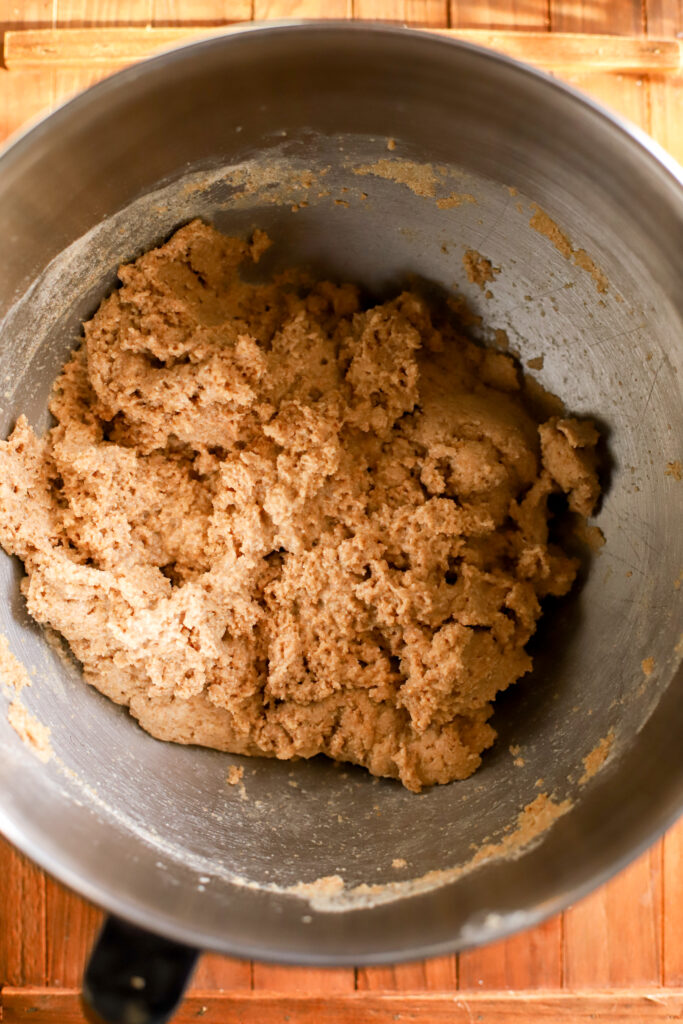 up close shot of fresh milled sourdough dinner roll dough in a bowl