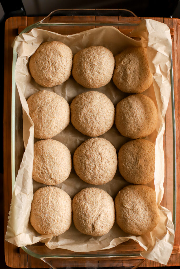 up close shot of fresh milled sourdough dinner rolls ready to bake