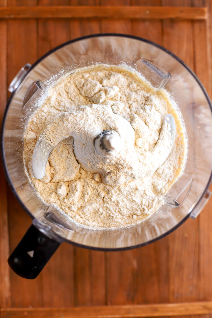 up close shot of blender filled with ingredients for fresh milled german pancakes